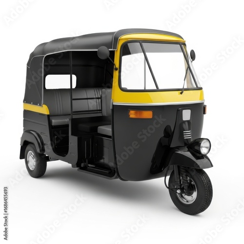 Modern black and yellow auto rickshaw passenger vehicle for urban transportation