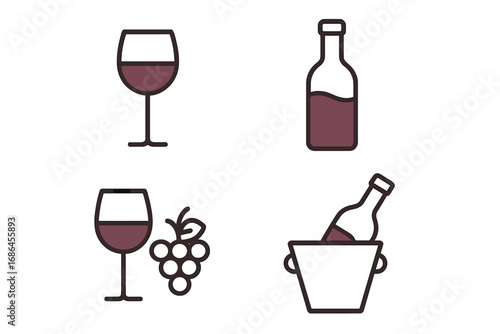 Wine icon set with red wine glass, bottle, grapes, and champagne bucket. Minimalistic line art vector illustration for bar menu, winery, restaurant, or beverage concept.
