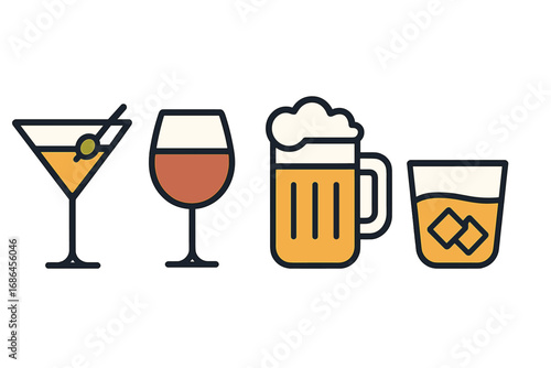 Alcohol drinks icon set. Bar menu elements. Martini, red wine, beer mug, whiskey glass. Minimalist flat vector illustration for graphic design, web, apps, party invitation.