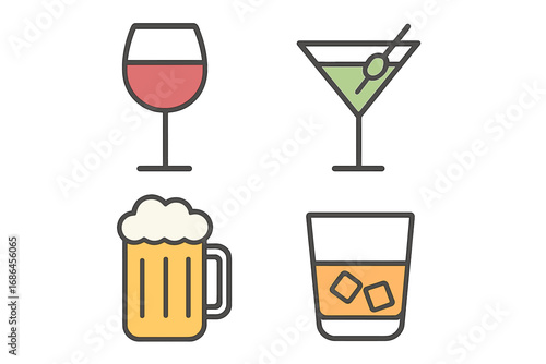 Alcohol drinks icon set for bar menu. Wine, beer, cocktail martini and whiskey glass icons. Minimalist flat outline vector illustration for web design, apps, and infographics.