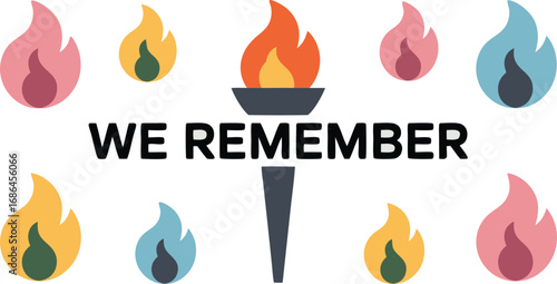 We Remember Text with Colorful Flames and Memorial Torch Symbol on White Background