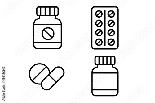 Medicine and pharmacy thin line icon set. Pill bottle, tablet blister pack, drug, capsule icons. Concepts for healthcare, treatment, addiction, placebo. Editable stroke vector.
