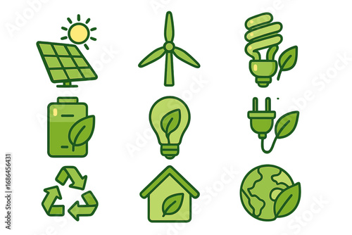 Green energy icon set for sustainability and ecology concepts. Vector collection of renewable power symbols like solar panel, wind turbine, and recycling for web and infographics.
