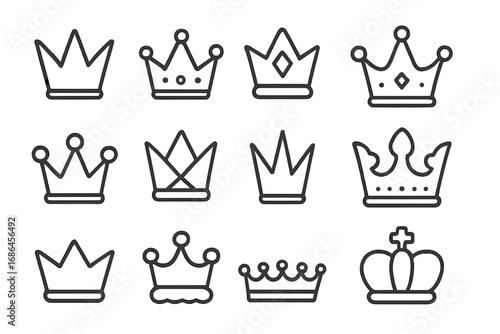 Crown line icon collection. Royal symbols for graphic and web design. Set of king, queen, princess diadems. Luxury, power, and monarchy signs for apps and adverts. Vector.