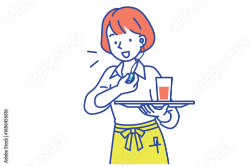 インカムで会話する女性カフェ店員