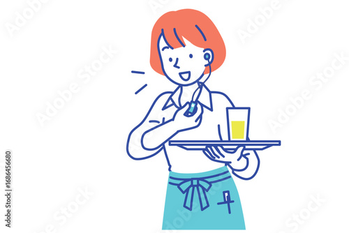 インカムで会話する女性カフェ店員
