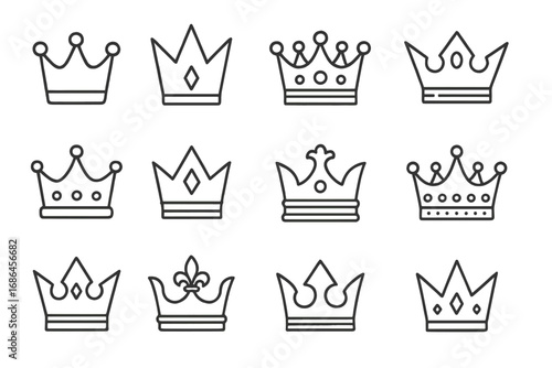 Crown line icon set. Royal collection of outline symbols for luxury, premium brands. Vector graphic elements for logo, web design, apps. Simple monarchy and kingdom signs.