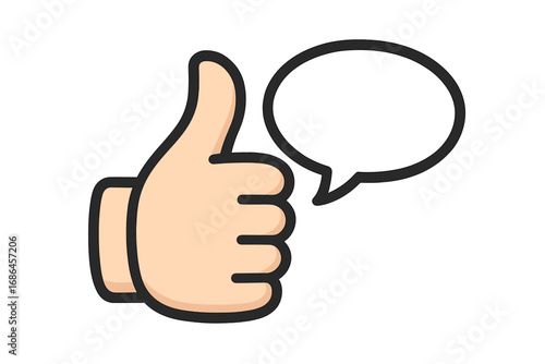 Thumbs up with speech bubble for feedback. Like icon for social media. Positive review, approval, and good customer satisfaction concept. Vector illustration for success.