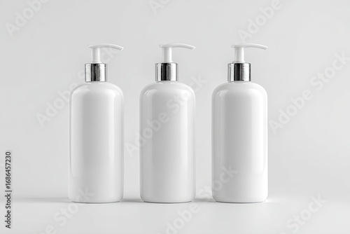 Three blank white plastic pump bottles,  standing upright on a plain light gray surface.  Clean, modern, and minimalist design