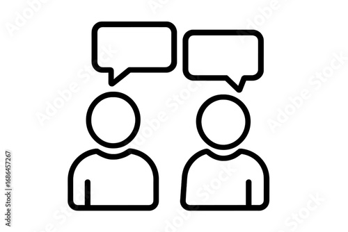Two people talking icon. Vector illustration of communication, dialogue, discussion. Anonymous user avatar with speech bubble. Social interaction, meeting, chat, and feedback concept.