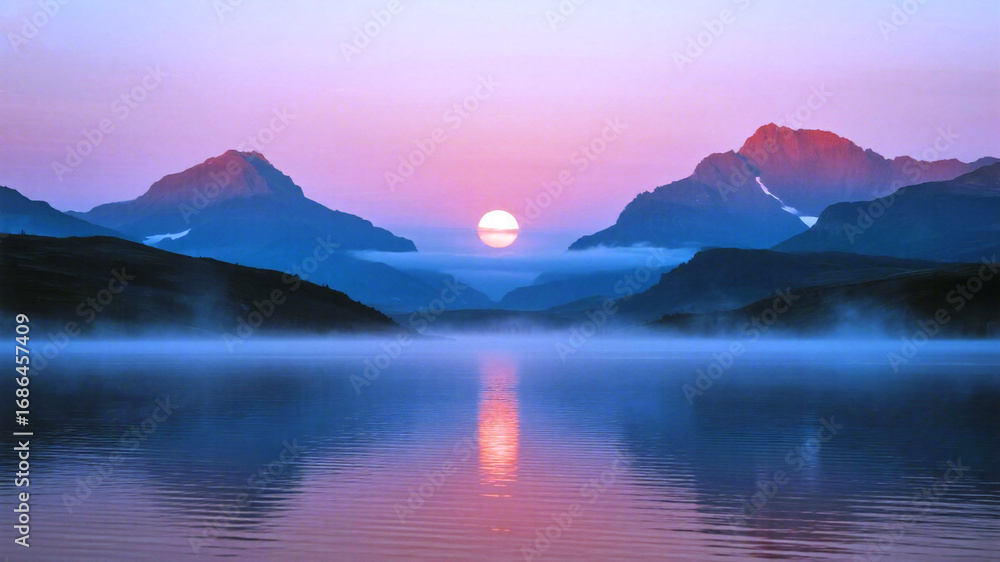 Obraz premium Red Moon Serene sunrise paints majestic mountains and tranquil lake with soft mist and vibrant hues, evoking peace and natural beauty for your next project.