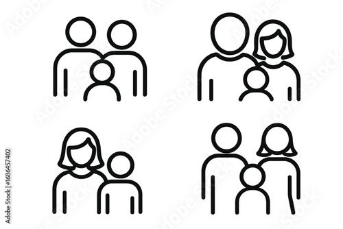 Family outline icon set. Simple pictograms of parents with child. Includes diverse family structures, single parent, and couple. Vector symbols for graphics, UI, apps, parenting.