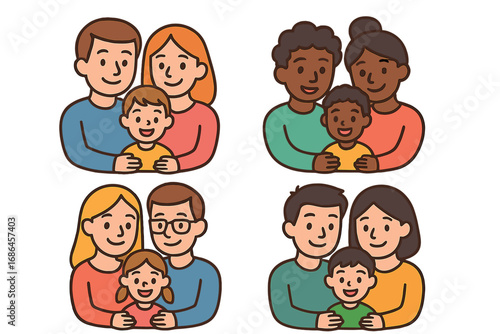 Diverse family icon bundle. Set of vector cartoon illustrations showing parents with child. Includes multi-ethnic happy families for graphics, web design, apps and concepts.