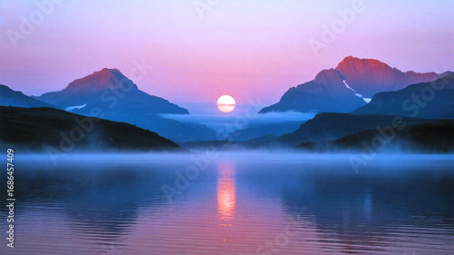 Red Moon Serene sunrise paints majestic mountains and tranquil lake with soft mist and vibrant hues, evoking peace and natural beauty for your next project.