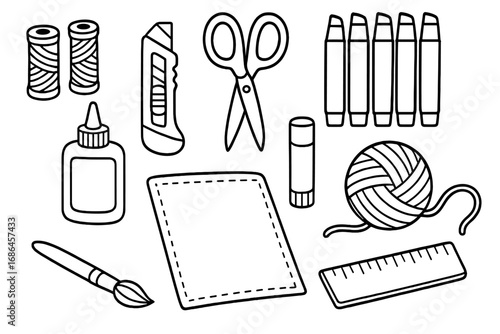 Doodle art and craft supplies set. Black outline vector illustration for creative hobbies. Includes scissors, glue, thread, yarn, ruler, paint brush, and utility knife.