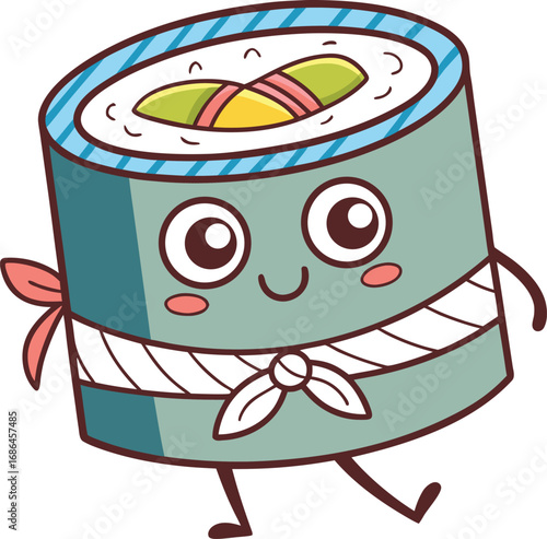 Vector art of cute cartoon sushi roll character with a happy face and arms and legs
