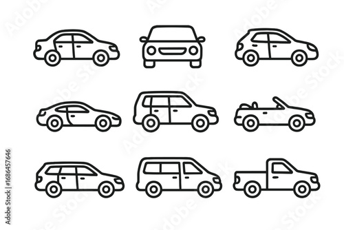 Car line icon set. Various transport vehicle symbols like sedan, SUV, pickup, convertible and van. Editable stroke vector collection for web, UI design and apps.