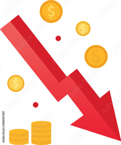 Flat Vector of Red Arrow Falling With Coins
