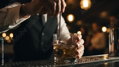 Close-up of Bartender Mixing a Cocktail in Stylish Bar