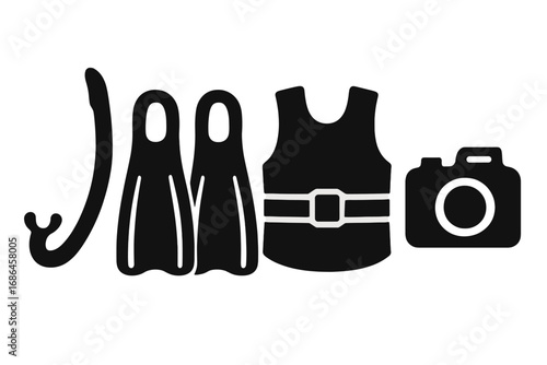 Diving equipment icon set. Snorkel, fins, vest, and camera silhouettes. Vector illustration for scuba, snorkeling, summer vacation, and underwater adventure concepts. Flat design.
