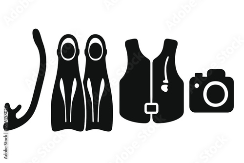 Scuba diving equipment silhouette icon set. Snorkel, fins, vest and underwater camera. Vector cartoon graphic for water sports, recreation, snorkeling, swimming and vacation.