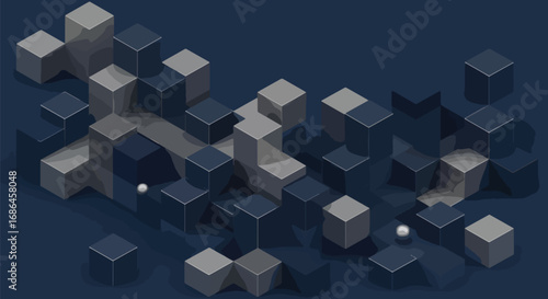 Isometric blocks arranged in a maze with two spheres