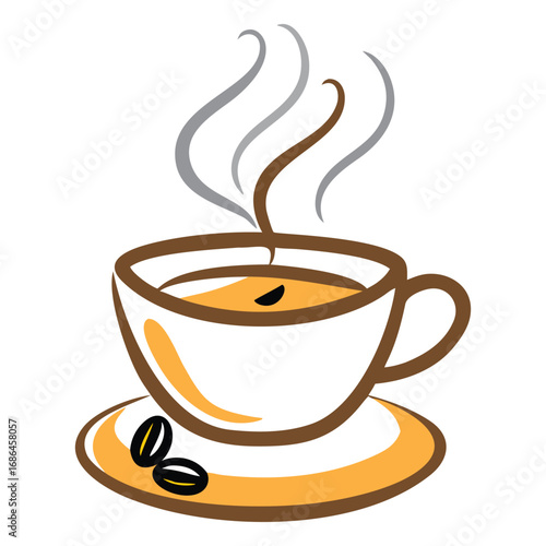 Steaming cup of coffee with coffee beans on a saucer