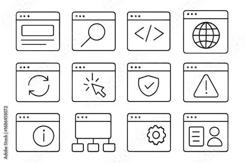 Web browser thin line icon set. Website interface outline signs. Internet, search, code, security, settings, user profile vector symbols for graphic and web design, apps.