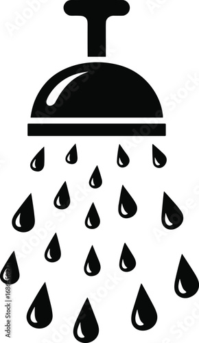Shower head with water drops icon, bathroom symbol, hygiene, bathing, cleaning, wellness, spa, washroom equipment, plumbing, faucet, vector illustration