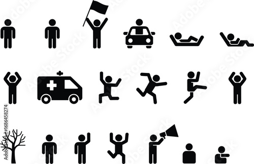 Human activity icons collection, people symbols, man silhouette actions, walking, running, standing, 