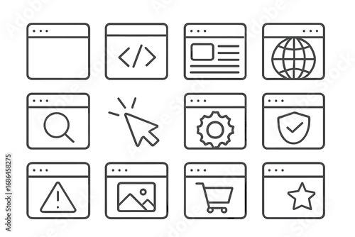 Web browser interface thin line icon set. Website development, UI, and UX outline signs. Internet, search, e-commerce, security, and settings vector pictograms for apps.
