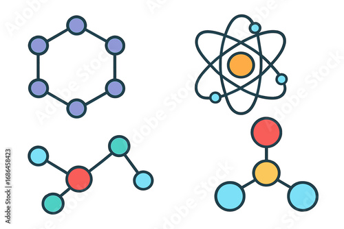 Set of chemical compound, atom, and molecule icons. Flat vector cartoon illustration for science, chemistry, and physics. Scientific research, education, and technology concept.
