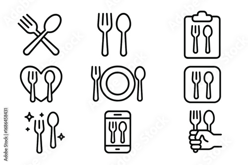 Fork and spoon line icon set. Food, dining, and restaurant concepts. Vector cutlery and utensil symbols for menu, delivery app, and clean eating. Editable stroke graphic.