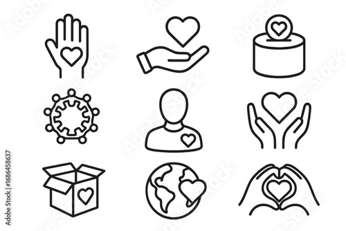 Charity and donation line icon set. Volunteering, love, and community support outline symbols. Non-profit, fundraising, and social work vector pictograms for web.