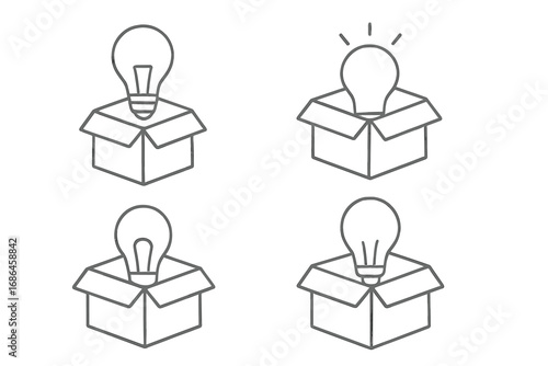 Thinking outside the box concept. Light bulb in a box icon set. Creative idea, innovation, and solution symbol. Unboxing a new idea for a startup or business.