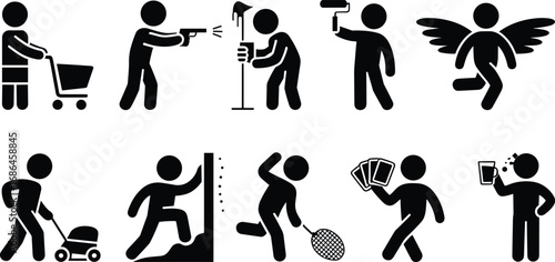 Stick figure people vector illustration set, daily activity icons, shopping, painting, mowing, climbing, playing sports, drinking, angel wings, card games, simple silhouette symbols