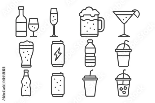 Set of drink and beverage icons in a thin line style. Includes alcoholic drinks like beer, wine, champagne, and cocktails. Also features soft drinks, soda, energy drinks, and water.