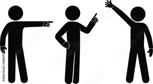 Stick figure people vector illustration, pointing, raising hand, giving instruction, human gesture icons, communication poses, simple silhouette design, black man action symbols set