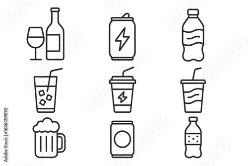 Beverage and drink icon set. Thin line vector icons of alcohol, beer, wine, soda, energy drink, and soft drinks. Outline symbols for water, juice, cola in bottles, cans, and glasses.