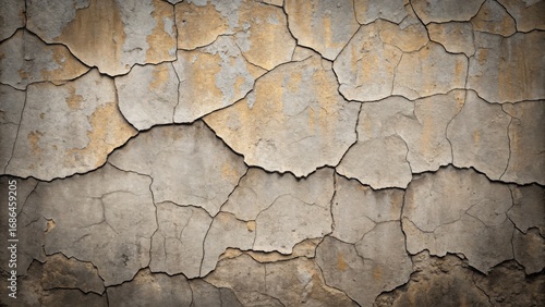 Close up textured view of weathered and cracked plaster revealing layers of aged paint and underlying material
