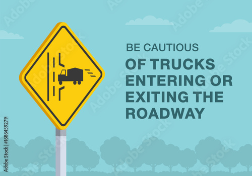 Safe driving tips and traffic regulation rules. Close-up of canadian "truck entrance" sign meaning. Trucks entering or exiting the roadway. Flat vector illustration template.