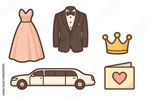 Prom and wedding icon set. Formal event cartoon collection with dress, tuxedo suit, limousine, crown, and love letter invitation. Vector graphic for party celebration.