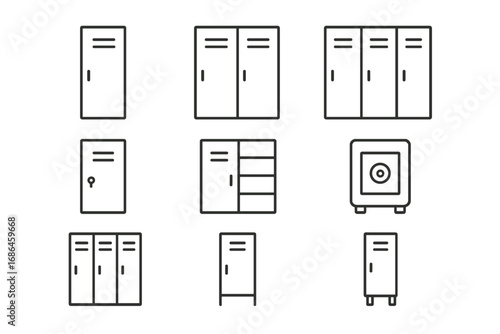 Locker icon set. Storage cabinet, closet, safe line art. School, gym, office metal furniture. Security, personal property concept. Vector pictogram pack with editable stroke.
