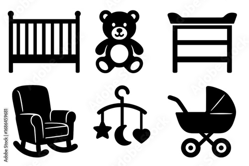 Baby room essentials icon set. Nursery furniture and toys silhouette collection. Vector graphic of crib, stroller, teddy bear, changing table, rocking chair, and mobile.