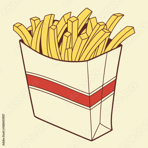 Vector art of a paper container filled with french fries, a popular fast food item, presented in a simple illustration style