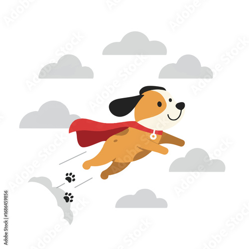 A cheerful dog superhero wearing a red cape joyfully flies through a bright blue sky with stylized clouds and a whimsical paw print trail, in a clean 2D flat vector illustration.