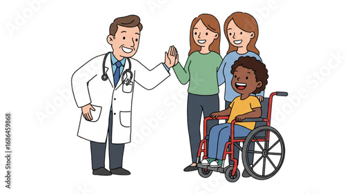 Inspiring Pediatrician and Happy Toddler in Wheelchair Sharing High-Five | Joyful Medical Care, Supportive Parent, and Bright Hospital Room, Light,illustration,vector,Transparent background