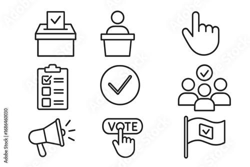 Election and voting thin line icon set. Political concept symbols for web and apps. Ballot box, vote button, debate podium, campaign megaphone, poll, checklist vector icons.