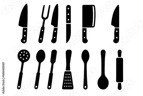 Essential kitchen utensils collection. Black silhouette icon set of culinary tools for cooking. Vector illustration of kitchenware like knife, fork, spoon, grater, and cleaver.