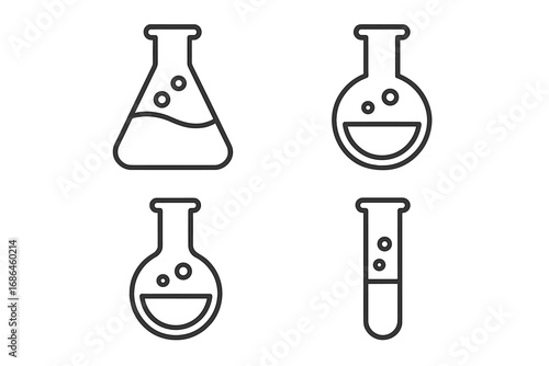 Laboratory flask and test tube line icon set. Modern outline style vector. Concept for chemistry, science, experiment, research, analysis. Chemical glassware illustration.